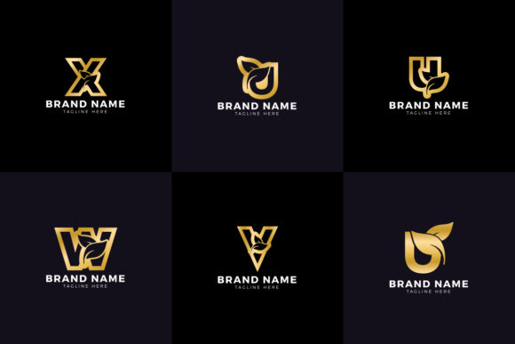 Gold Color Leaf and Letter Mark Logo Set for Branding